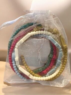 Plunder Multi-Color Beaded Bracelet Stack - Pink, Blue, Green, Gold, White